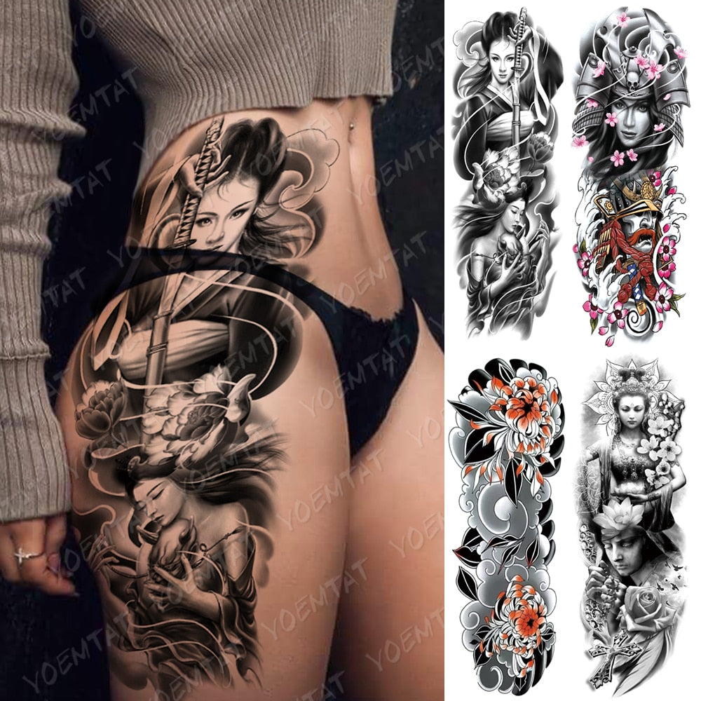 Temporary Tattoo Black Beautiful Lady Samurai Mask Girl Waterproof Fake  Sticker