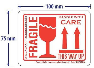 500 Large Fragile This Way Up Handle With Care Stickers Labels Roll 100m x 75mm - 171012487355