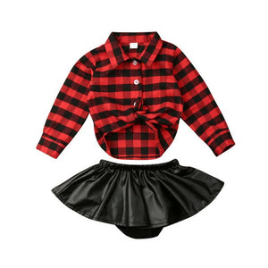 Fashion Newborn Kids Baby Girl 0-24M Xmas Clothes T-shirt Tops+Leather Skirt Dress Set