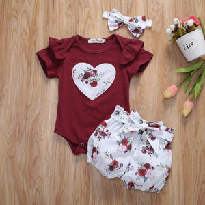 Pudcoco Newborn Baby Girl Clothes Flower Print Peach Heart Short Sleeve Romper Tops Short Pants Headband 3Pcs Outfits Sunsuit