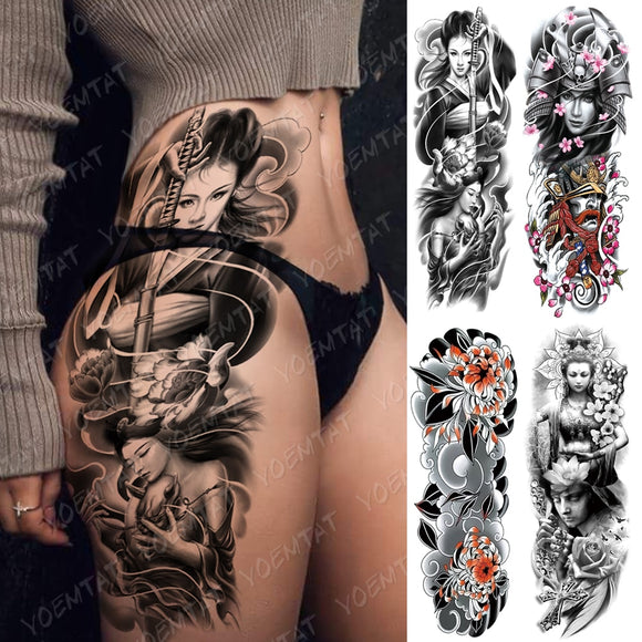 Large Arm Sleeve Tattoo Japanese Geisha Samurai Waterproof Temporary Tatto Sticker Gun Waist Leg Body Art Full Fake Tatoo Women